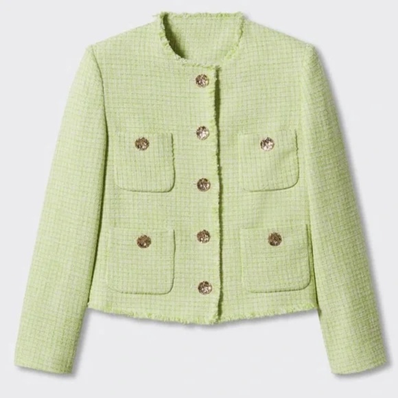 Mango MNG Tweed Preppy Boho Spring Summer Classic Blazer Jacket Lime Green - Sm - Picture 4 of 6